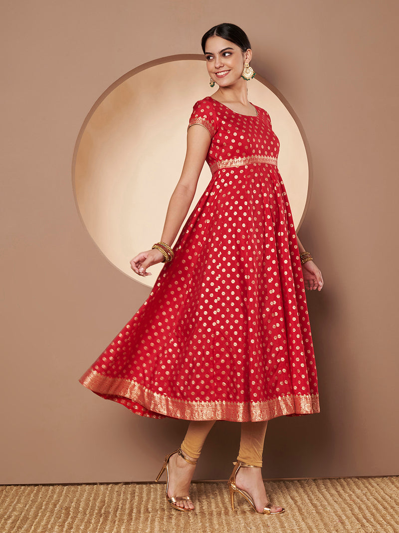 Poshak Hub Women Red & Golden Chanderi Jacard Flared Anarkali Kurta