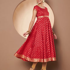 Poshak Hub Women Red & Golden Chanderi Jacard Flared Anarkali Kurta