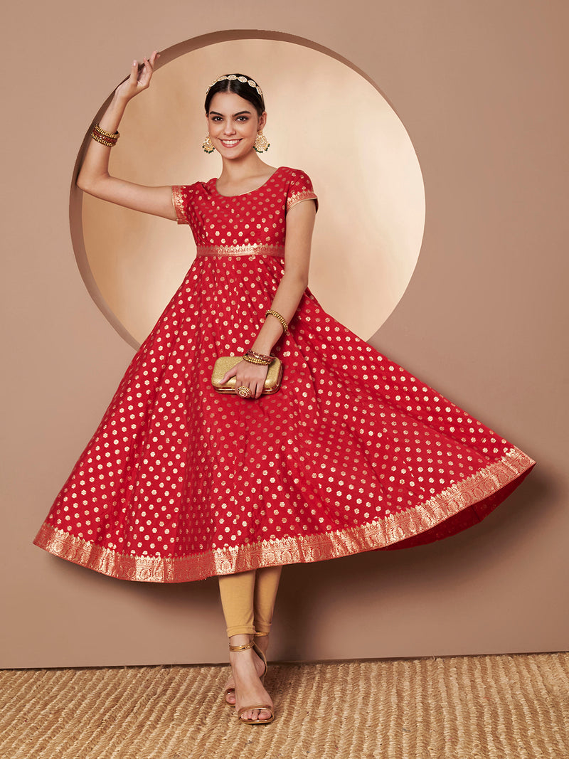 Poshak Hub Women Red & Golden Chanderi Jacard Flared Anarkali Kurta