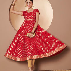 Poshak Hub Women Red & Golden Chanderi Jacard Flared Anarkali Kurta