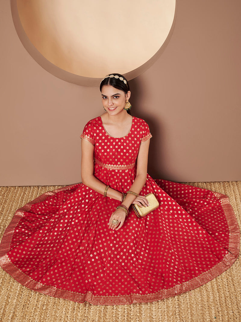 Poshak Hub Women Red & Golden Chanderi Jacard Flared Anarkali Kurta