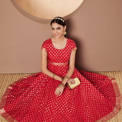 Poshak Hub Women Red & Golden Chanderi Jacard Flared Anarkali Kurta
