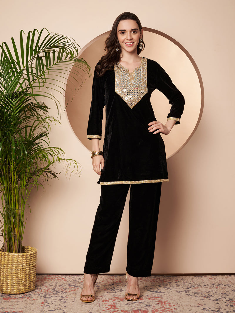 Poshak Hub Women Black Mirror Work Embroidery Velvet Tunic with Trouser  Co-ord Set