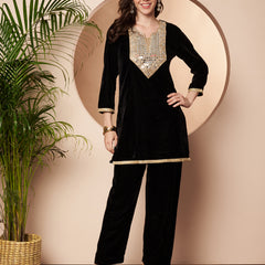 Poshak Hub Women Black Mirror Work Embroidery Velvet Tunic with Trouser  Co-ord Set
