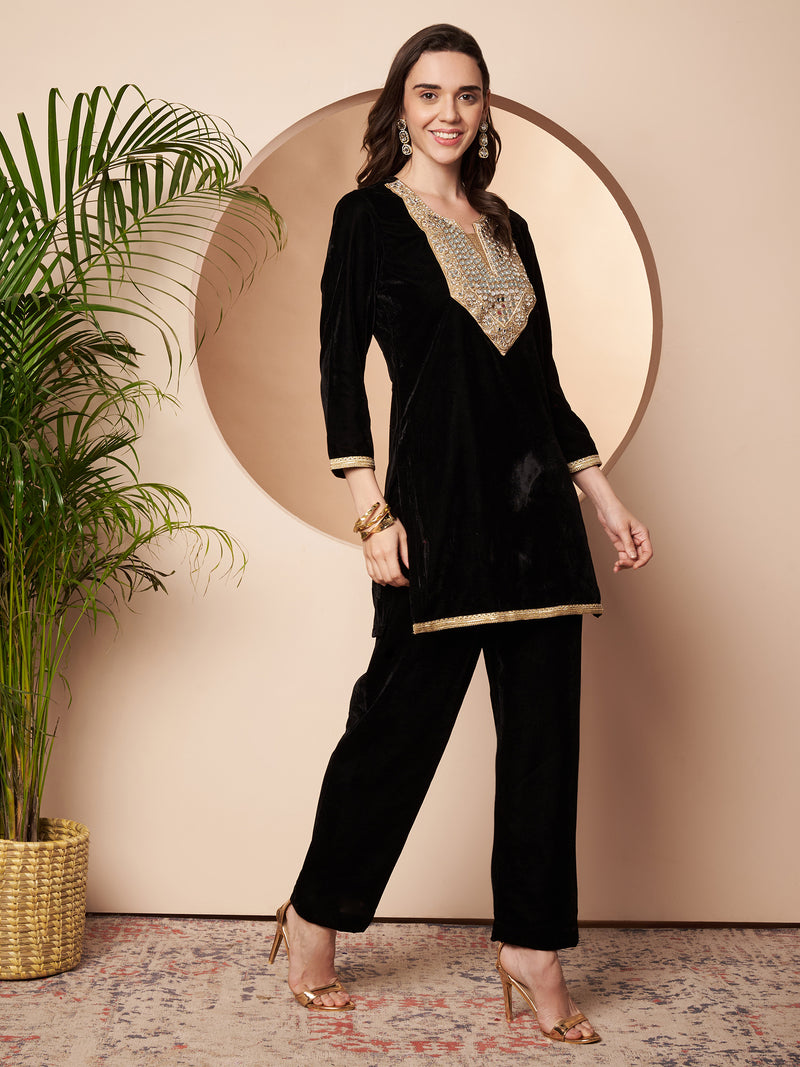 Poshak Hub Women Black Mirror Work Embroidery Velvet Tunic with Trouser  Co-ord Set