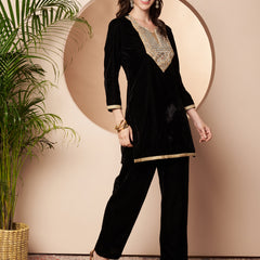 Poshak Hub Women Black Mirror Work Embroidery Velvet Tunic with Trouser  Co-ord Set