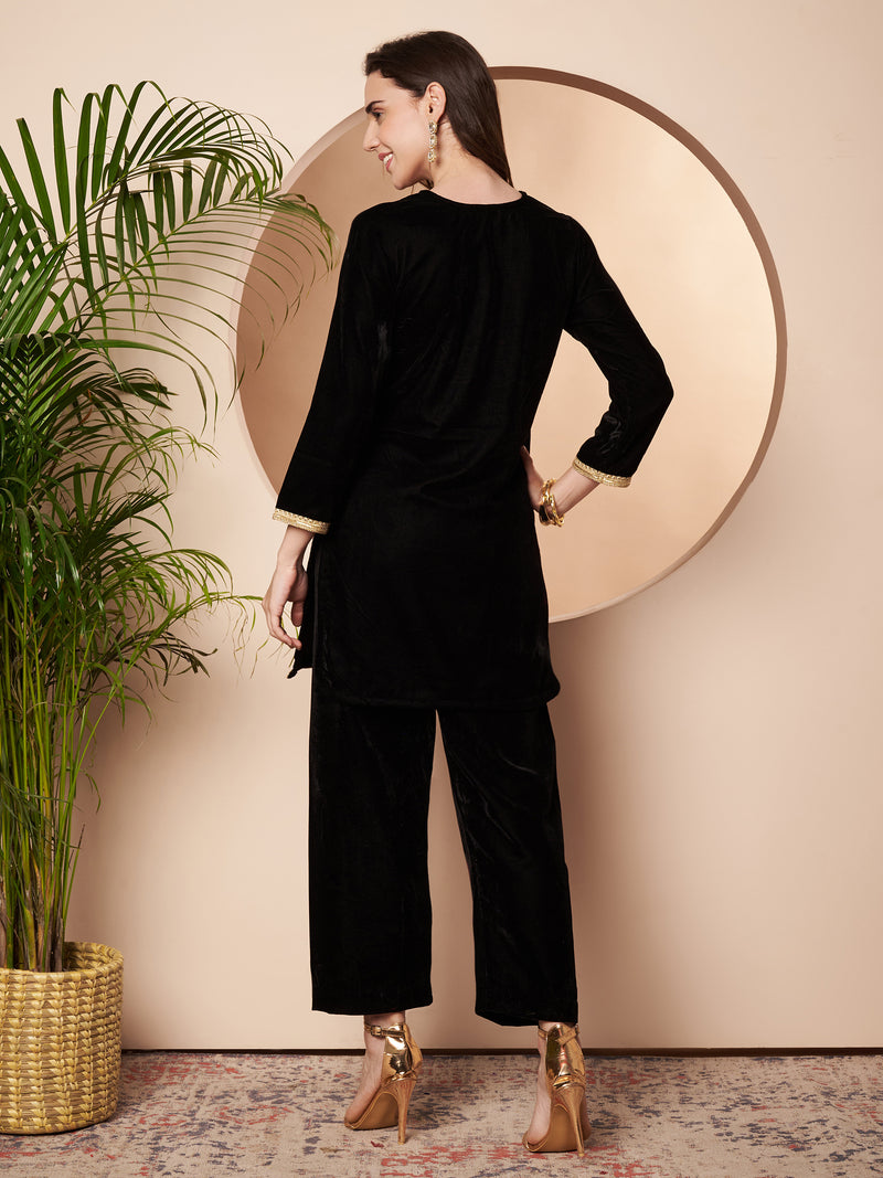 Poshak Hub Women Black Mirror Work Embroidery Velvet Tunic with Trouser  Co-ord Set