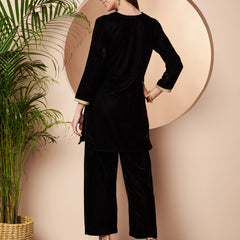 Poshak Hub Women Black Mirror Work Embroidery Velvet Tunic with Trouser  Co-ord Set