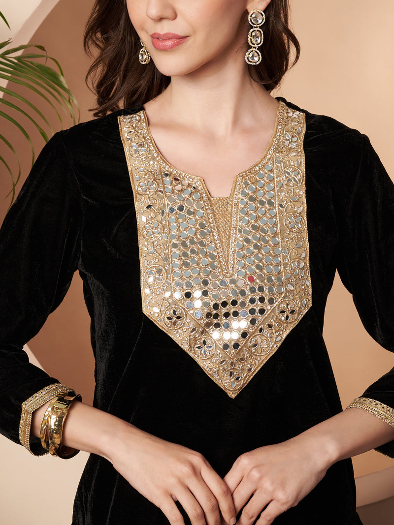 Poshak Hub Women Black Mirror Work Embroidery Velvet Tunic with Trouser  Co-ord Set