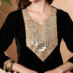 Poshak Hub Women Black Mirror Work Embroidery Velvet Tunic with Trouser  Co-ord Set