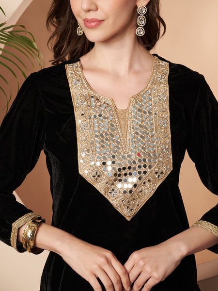 Poshak Hub Women Black Mirror Work Embroidery Velvet Tunic with Trouser  Co-ord Set
