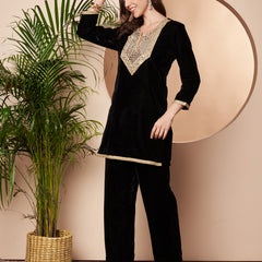 Poshak Hub Women Black Mirror Work Embroidery Velvet Tunic with Trouser  Co-ord Set