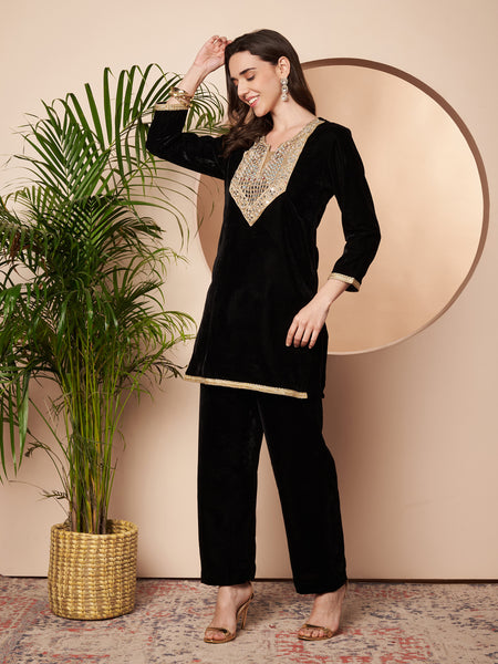 Poshak Hub Women Black Mirror Work Embroidery Velvet Tunic with Trouser  Co-ord Set