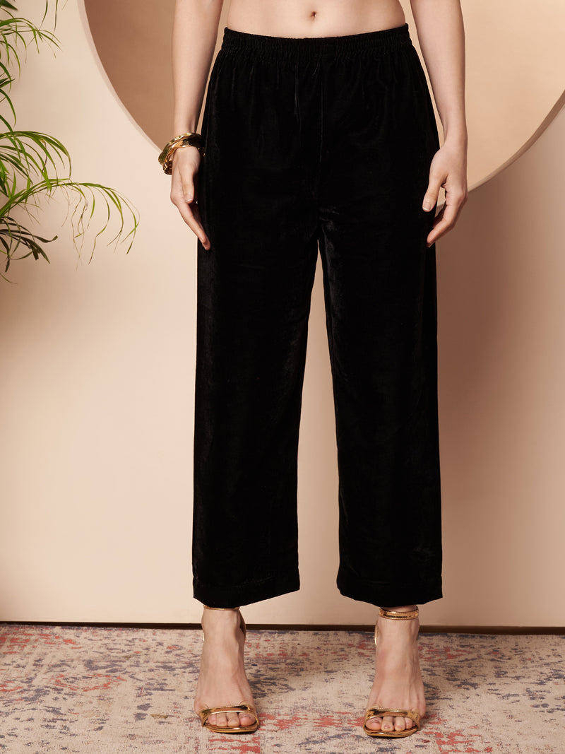 Poshak Hub Women Black Mirror Work Embroidery Velvet Tunic with Trouser  Co-ord Set