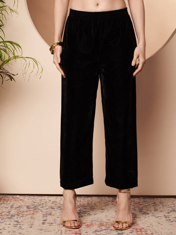 Poshak Hub Women Black Mirror Work Embroidery Velvet Tunic with Trouser  Co-ord Set