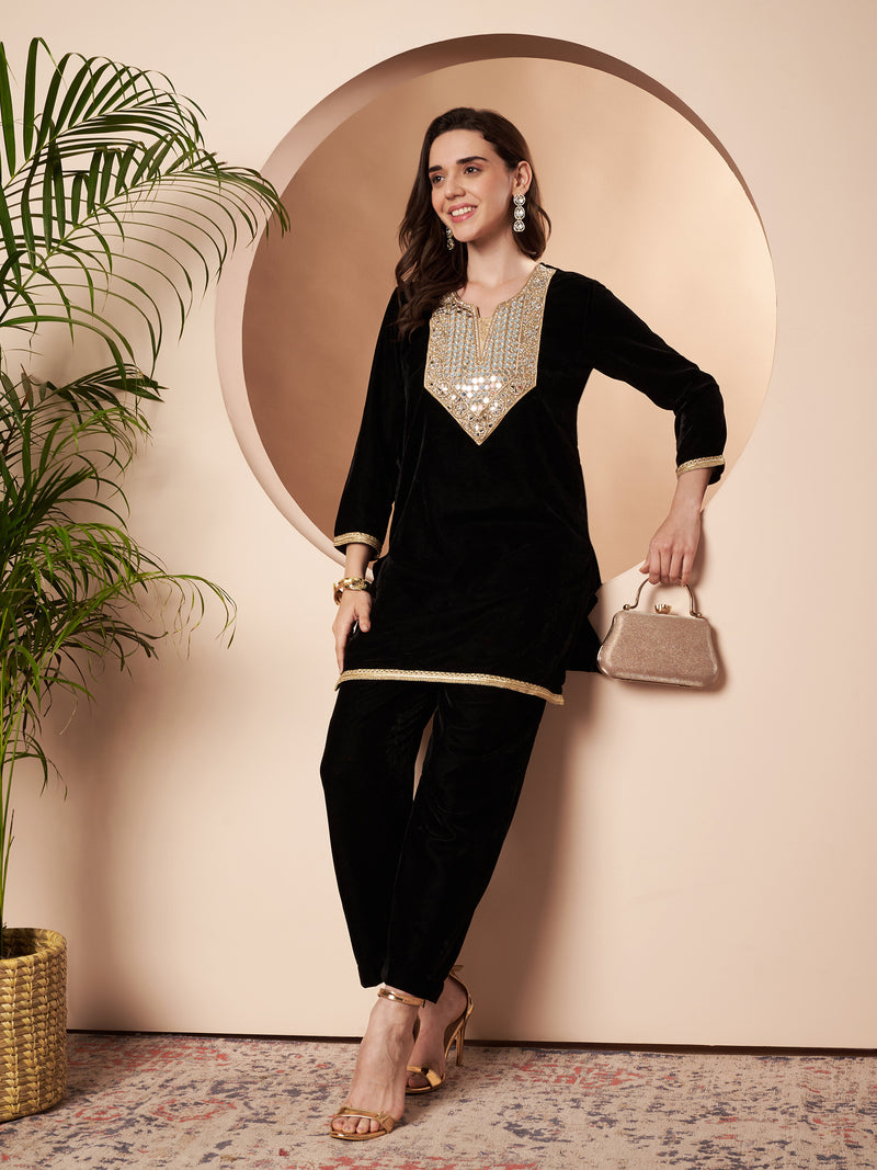 Poshak Hub Women Black Mirror Work Embroidery Velvet Tunic with Trouser  Co-ord Set