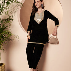 Poshak Hub Women Black Mirror Work Embroidery Velvet Tunic with Trouser  Co-ord Set