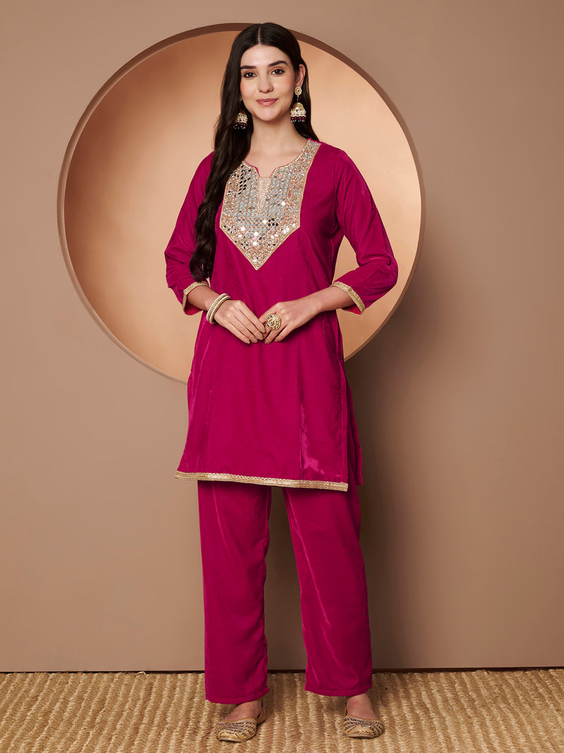 Poshak Hub Women Dark Pink Mirror Work Embroidery Velvet Tunic with Trouser Co-ord Set