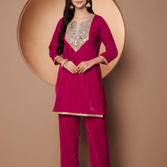 Poshak Hub Women Dark Pink Mirror Work Embroidery Velvet Tunic with Trouser Co-ord Set