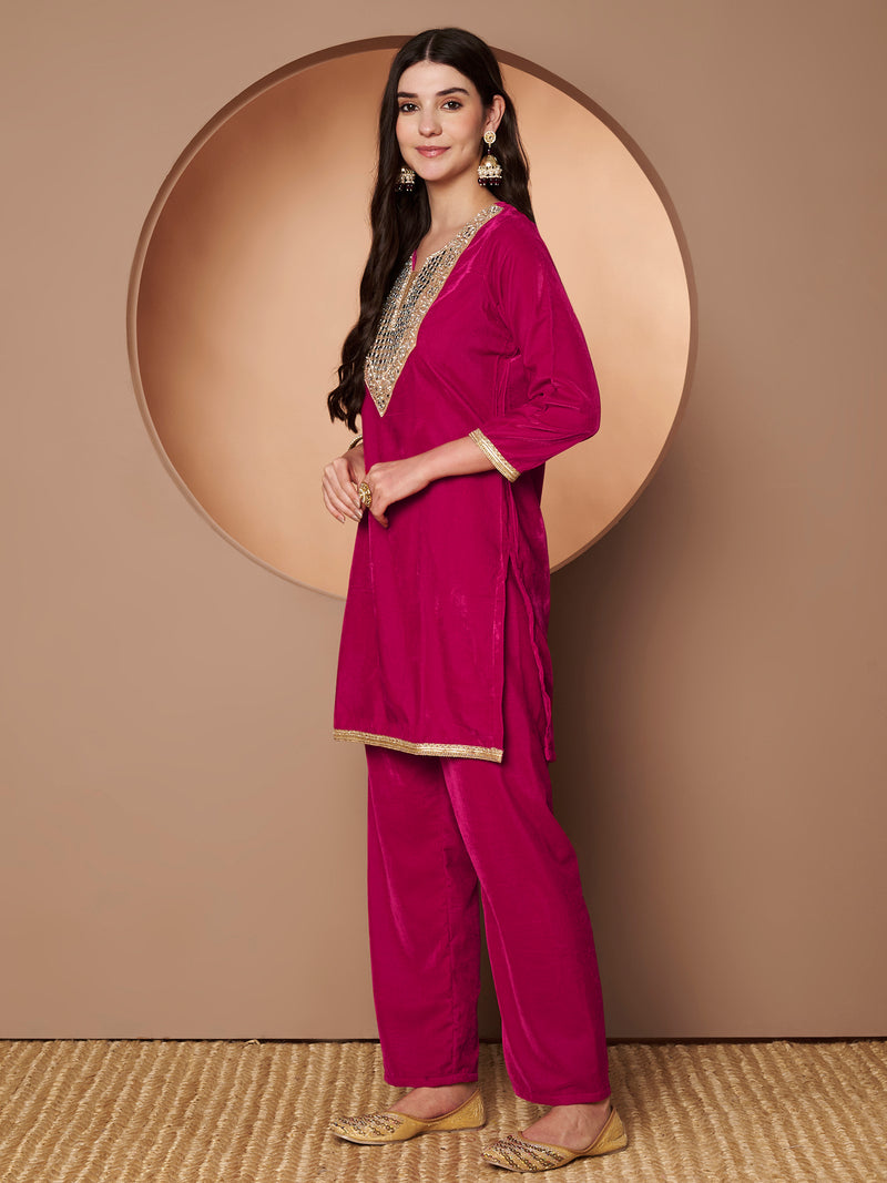 Poshak Hub Women Dark Pink Mirror Work Embroidery Velvet Tunic with Trouser Co-ord Set