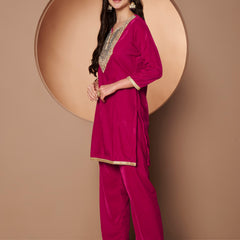Poshak Hub Women Dark Pink Mirror Work Embroidery Velvet Tunic with Trouser Co-ord Set