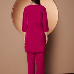 Poshak Hub Women Dark Pink Mirror Work Embroidery Velvet Tunic with Trouser Co-ord Set