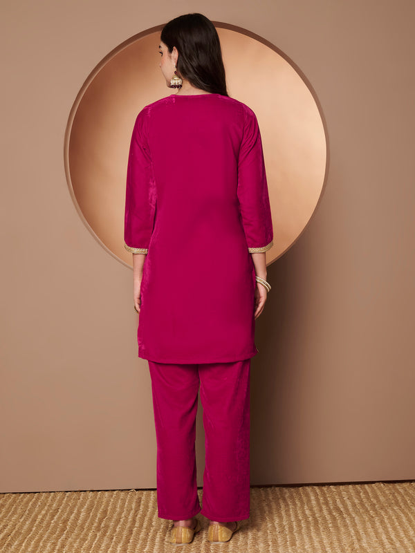 Poshak Hub Women Dark Pink Mirror Work Embroidery Velvet Tunic with Trouser Co-ord Set