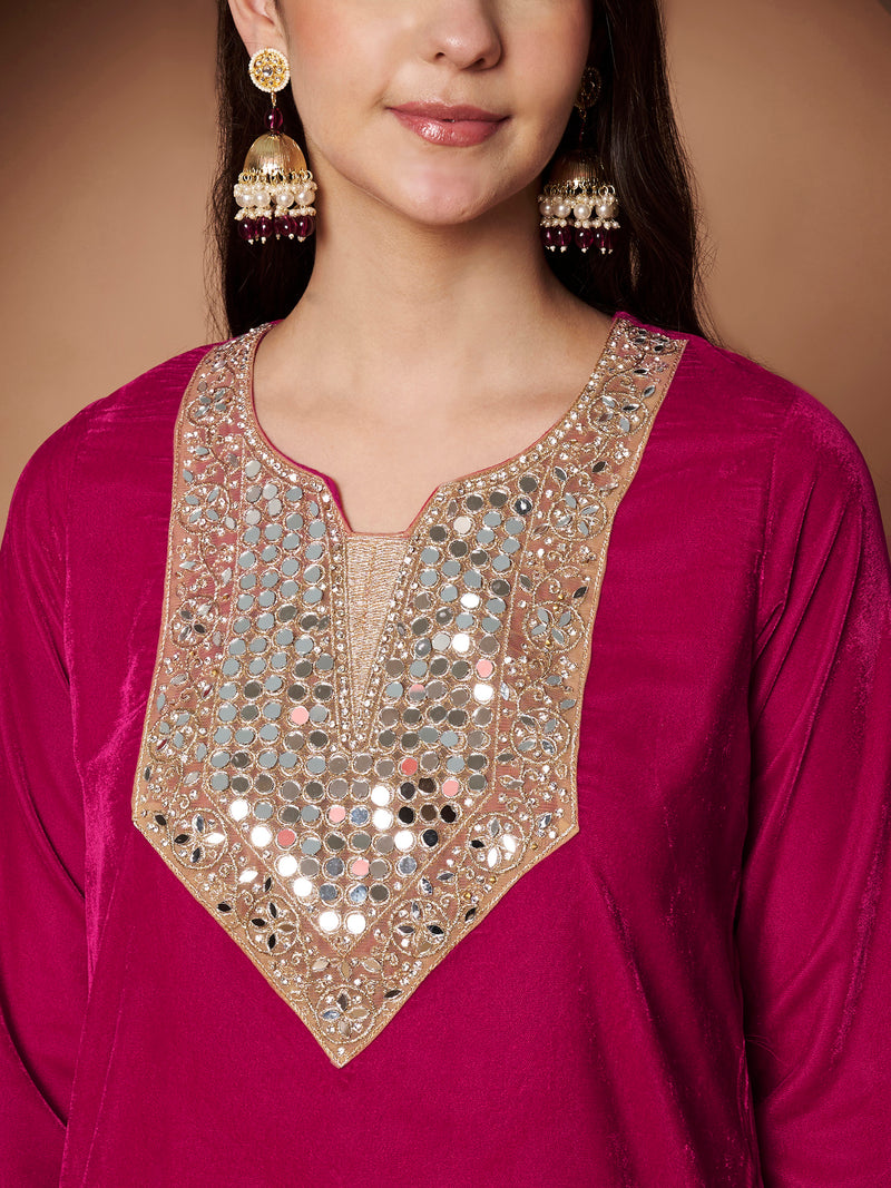 Poshak Hub Women Dark Pink Mirror Work Embroidery Velvet Tunic with Trouser Co-ord Set