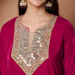 Poshak Hub Women Dark Pink Mirror Work Embroidery Velvet Tunic with Trouser Co-ord Set