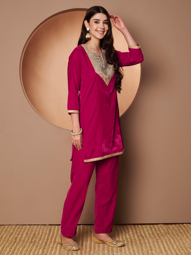 Poshak Hub Women Dark Pink Mirror Work Embroidery Velvet Tunic with Trouser Co-ord Set