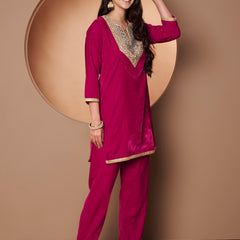 Poshak Hub Women Dark Pink Mirror Work Embroidery Velvet Tunic with Trouser Co-ord Set