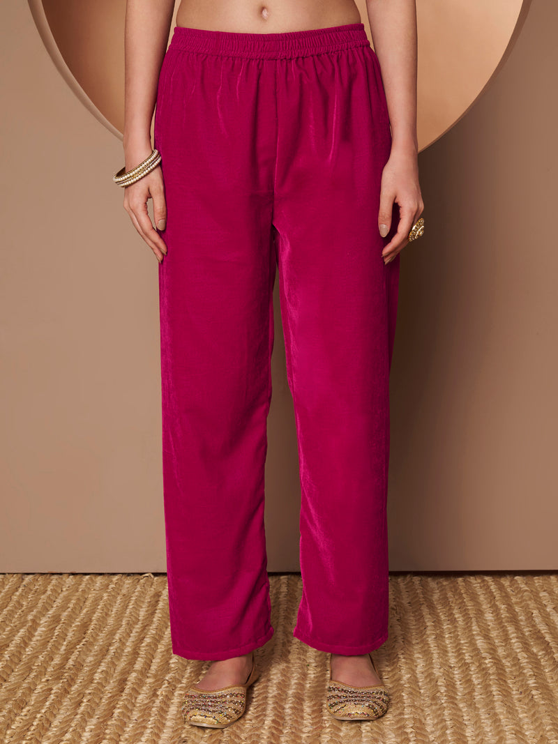 Poshak Hub Women Dark Pink Mirror Work Embroidery Velvet Tunic with Trouser Co-ord Set