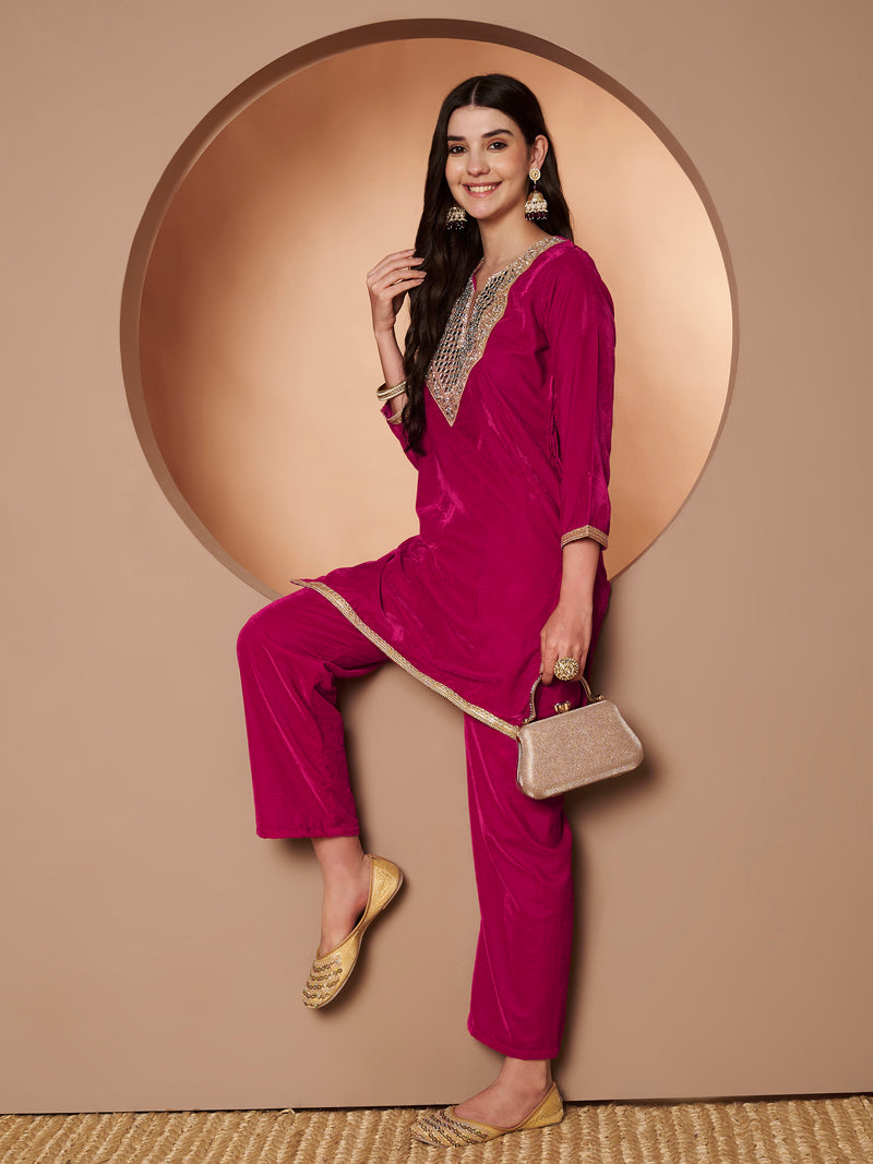 Poshak Hub Women Dark Pink Mirror Work Embroidery Velvet Tunic with Trouser Co-ord Set