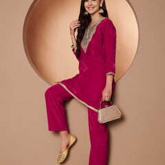 Poshak Hub Women Dark Pink Mirror Work Embroidery Velvet Tunic with Trouser Co-ord Set