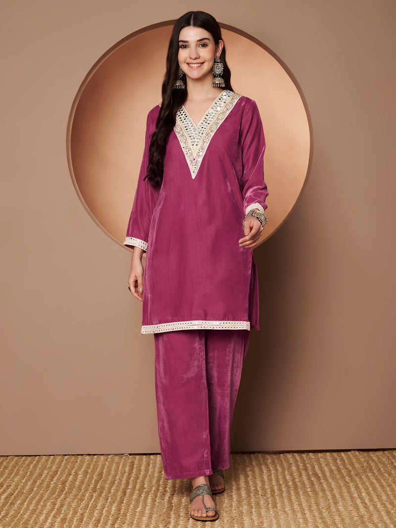 Poshak Hub Women Peach Mirror Work Embroidery Velvet Tunic with Trouser Co-ord Set