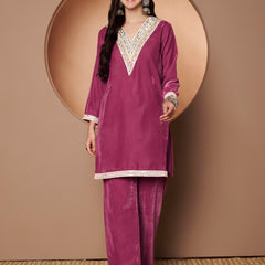 Poshak Hub Women Peach Mirror Work Embroidery Velvet Tunic with Trouser Co-ord Set