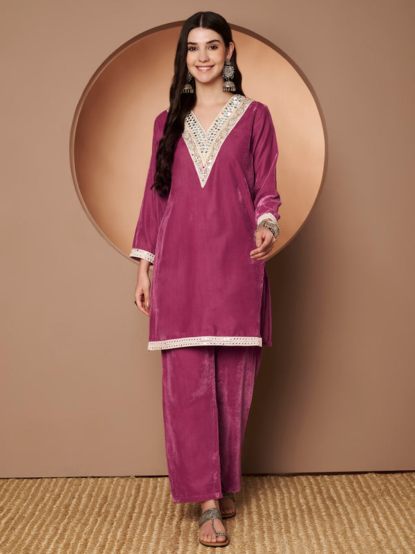 Poshak Hub Women Peach Mirror Work Embroidery Velvet Tunic with Trouser Co-ord Set