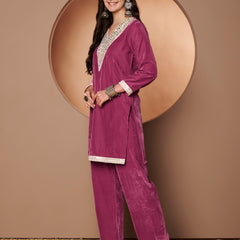 Poshak Hub Women Peach Mirror Work Embroidery Velvet Tunic with Trouser Co-ord Set