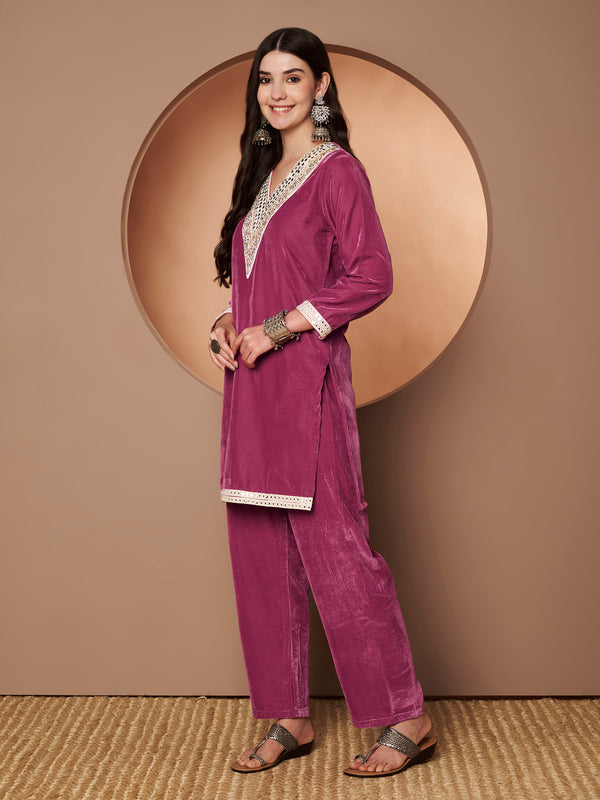 Poshak Hub Women Peach Mirror Work Embroidery Velvet Tunic with Trouser Co-ord Set
