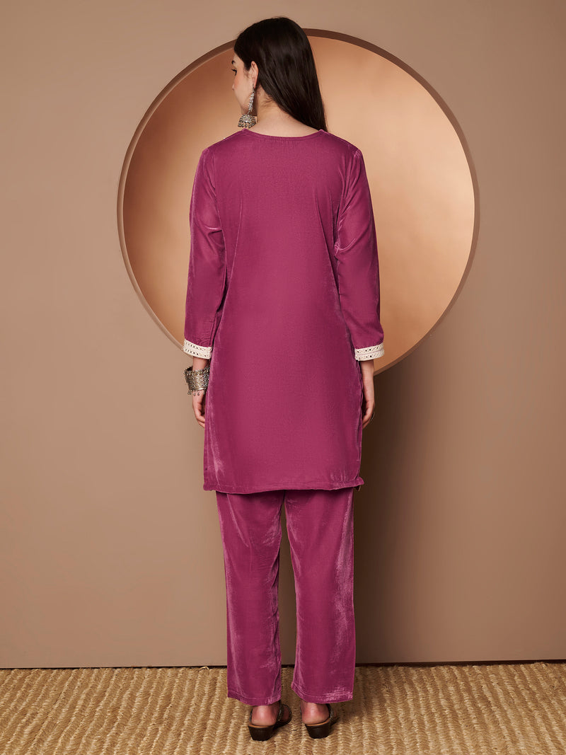 Poshak Hub Women Peach Mirror Work Embroidery Velvet Tunic with Trouser Co-ord Set