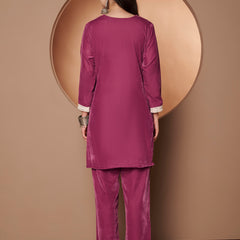 Poshak Hub Women Peach Mirror Work Embroidery Velvet Tunic with Trouser Co-ord Set
