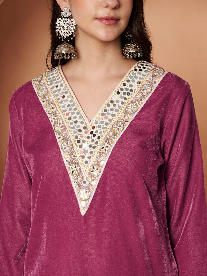 Poshak Hub Women Peach Mirror Work Embroidery Velvet Tunic with Trouser Co-ord Set