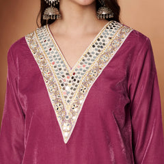 Poshak Hub Women Peach Mirror Work Embroidery Velvet Tunic with Trouser Co-ord Set