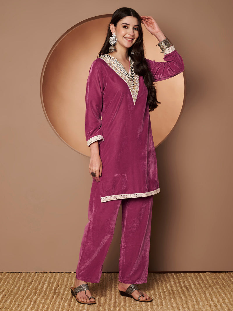 Poshak Hub Women Peach Mirror Work Embroidery Velvet Tunic with Trouser Co-ord Set