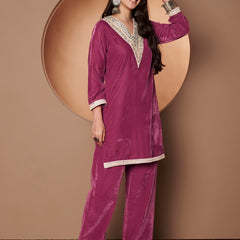 Poshak Hub Women Peach Mirror Work Embroidery Velvet Tunic with Trouser Co-ord Set