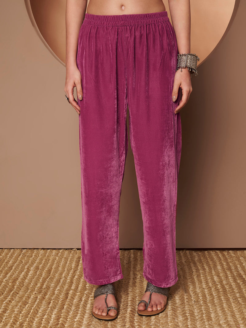 Poshak Hub Women Peach Mirror Work Embroidery Velvet Tunic with Trouser Co-ord Set