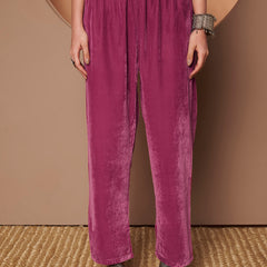 Poshak Hub Women Peach Mirror Work Embroidery Velvet Tunic with Trouser Co-ord Set