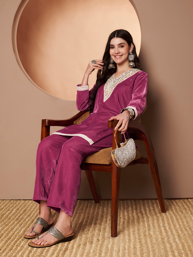 Poshak Hub Women Peach Mirror Work Embroidery Velvet Tunic with Trouser Co-ord Set