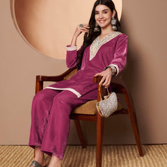 Poshak Hub Women Peach Mirror Work Embroidery Velvet Tunic with Trouser Co-ord Set