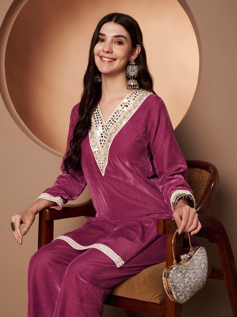 Poshak Hub Women Peach Mirror Work Embroidery Velvet Tunic with Trouser Co-ord Set